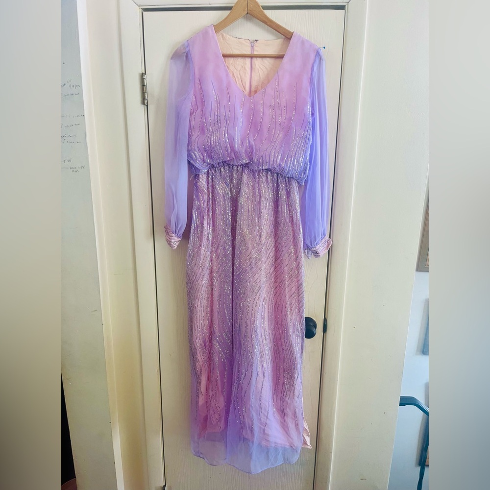VTG 60s Whimsical Ethereal Fairycore Chiffon Glitter Party Lilac Maxi Dress M